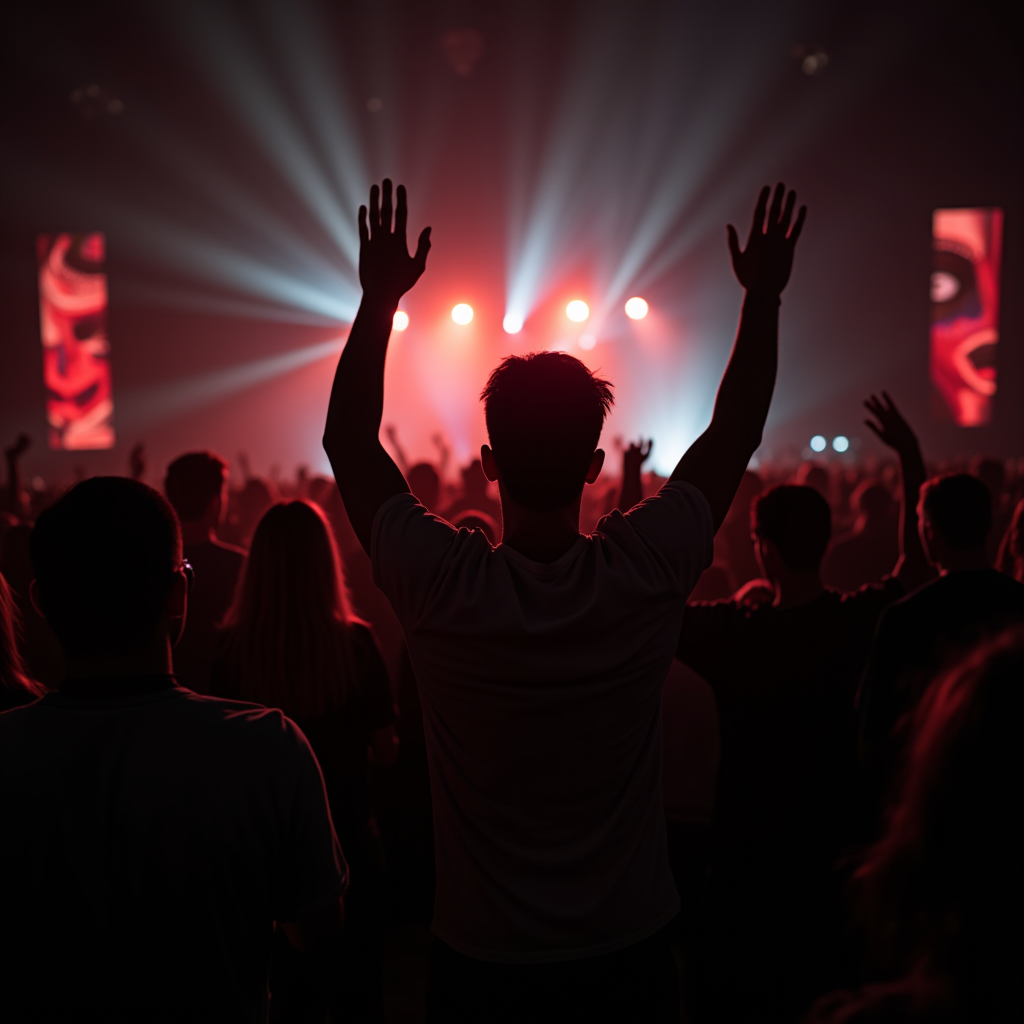 A crowd of people excitedly facing a brightly lit stage with raised hands at a concert.