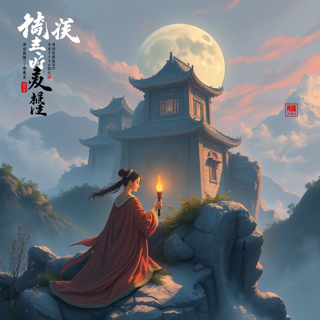 A woman with a torch in traditional attire stands before a Chinese temple under a full moon.