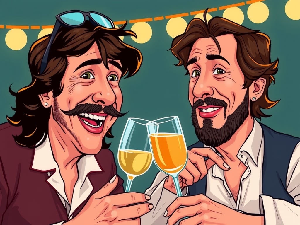 Two animated men with drinks, celebrating in a festive setting.