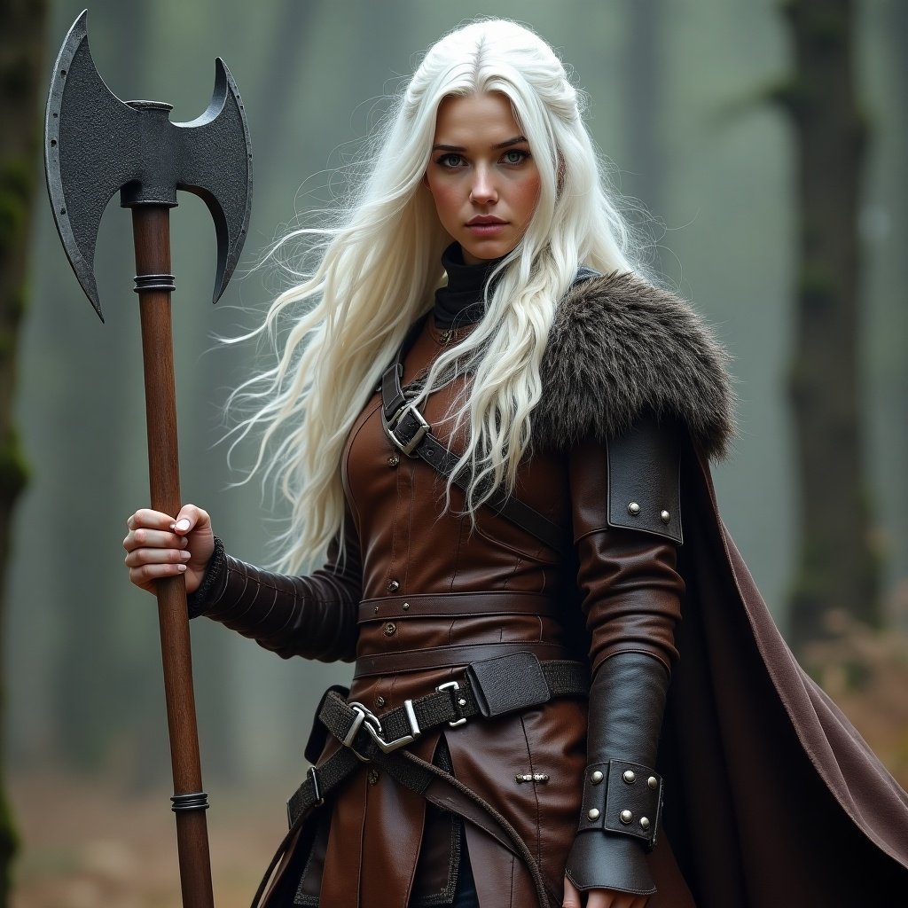 A female fighter stands confidently in a dense forest, showcasing her striking White hair and Nordic armor. She firmly grips a large battle axe in one hand, exuding a sense of strength and readiness for battle. The leather armor, detailed with intricate designs, gives her a fierce warrior appearance. Her cape flows gently in the forest breeze, complementing the natural setting around her. This image captures the essence of a strong female character in a fantasy world, perfect for artwork and character designs.