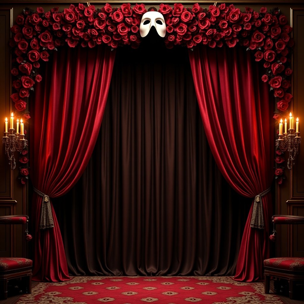 This image depicts a richly decorated theater stage set in a Phantom of the Opera theme. The curtains are a deep red velvet, elegantly draping on either side. Above the curtains, a white mask is prominently displayed amidst a cascade of red roses. There are two ornate candelabras on either side that add to the dramatic ambiance. The backdrop is a dark brown that contrasts beautifully with the red and gold details. This setting is ideal for events inspired by the classic musical, conveying romance and mystery.