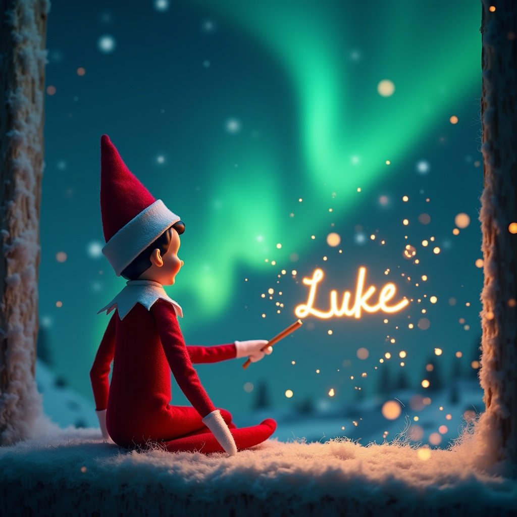 An Elf on the Shelf is featured in this enchanting scene, sitting with its back to the viewer. It faces an awe-inspiring sky illuminated by the northern lights, magical shades of green and blue dancing above. The elf holds a wand, creating a shimmering, golden script that spells 'Luke' in the air. The setting is framed by a snowy landscape and hints of Christmas cheer. The overall atmosphere radiates magic and warmth, perfect for the holiday season.