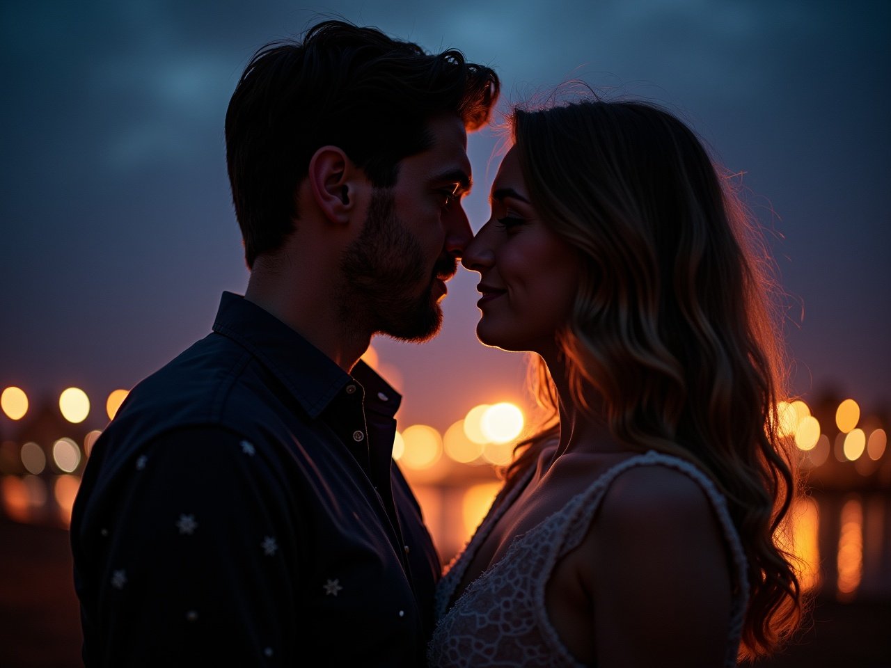 The image captures a romantic scene featuring a couple gazing into each other’s eyes. The setting is under a night sky, illuminated by soft glowing lights. Warm lighting envelops the couple, enhancing the dreamy atmosphere. Their intimate connection is highlighted as they stand close, showcasing emotions of love and intimacy. The background is softly focused, ensuring the couple remains the main emphasis of the image.