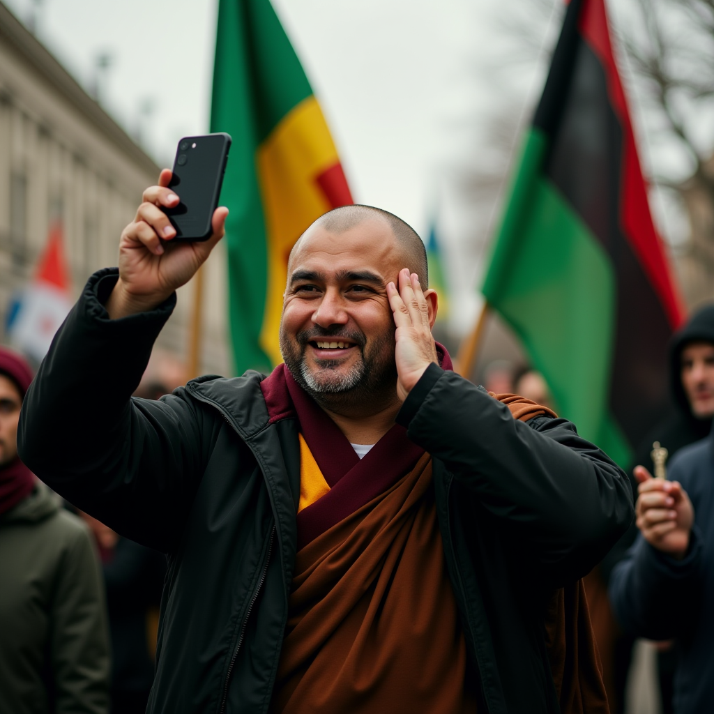 A man cheerfully waves while taking a selfie at a lively parade, surrounded by vibrant flags and people.