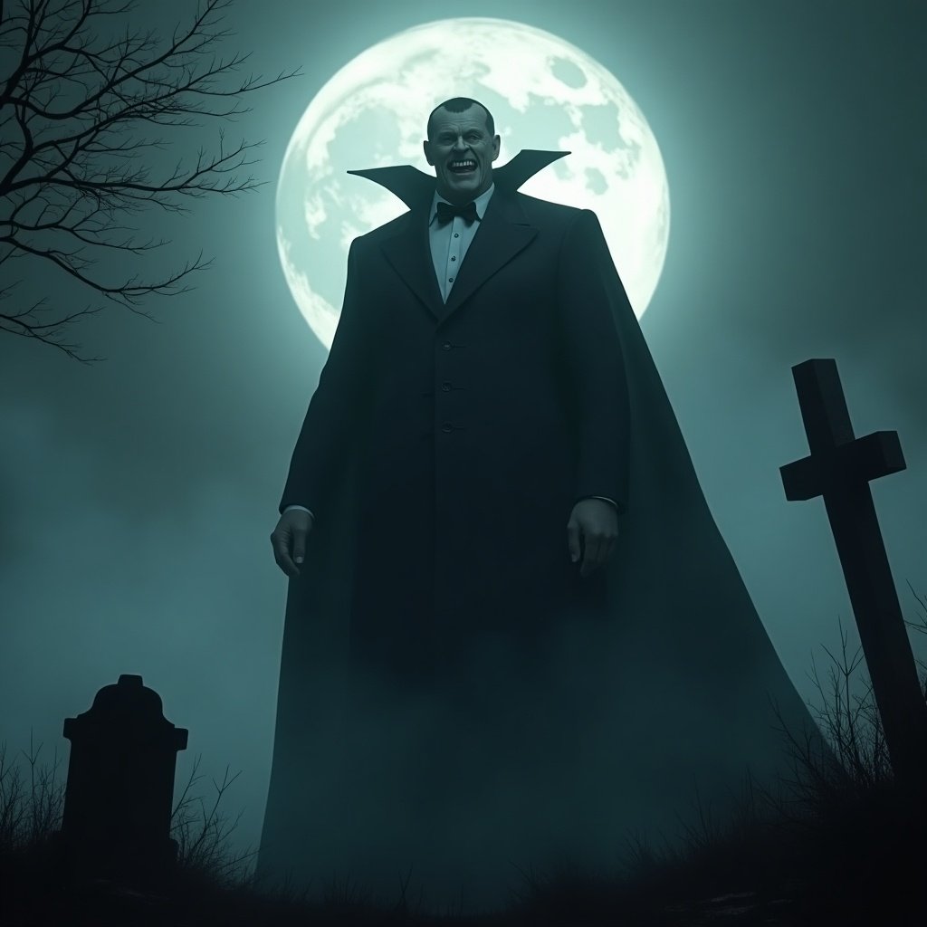 The image features a colossal, funny Dracula figure standing in a foggy graveyard. The scene is illuminated by an eerie glow from a full moon overhead. The Dracula character is dressed in a classic tuxedo with a long cape and has a quirky, menacing smile. Surrounding him are shadowy gravestones, adding to the spooky atmosphere. The fog swirls around the base of the graveyard, enhancing the mysterious vibe of the night.