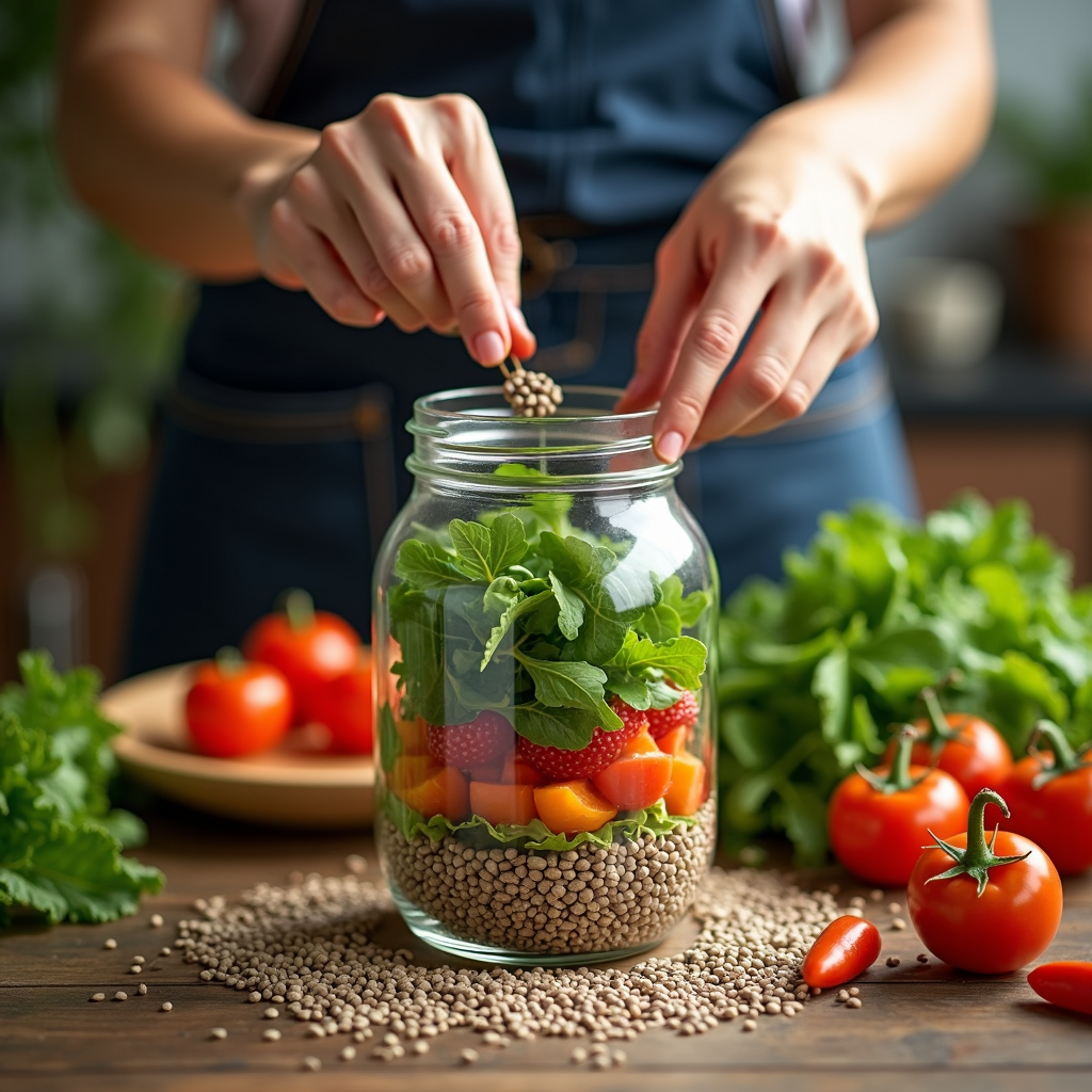 A person fills a jar with layers of fresh vegetables and grains in a rustic kitchen setting.