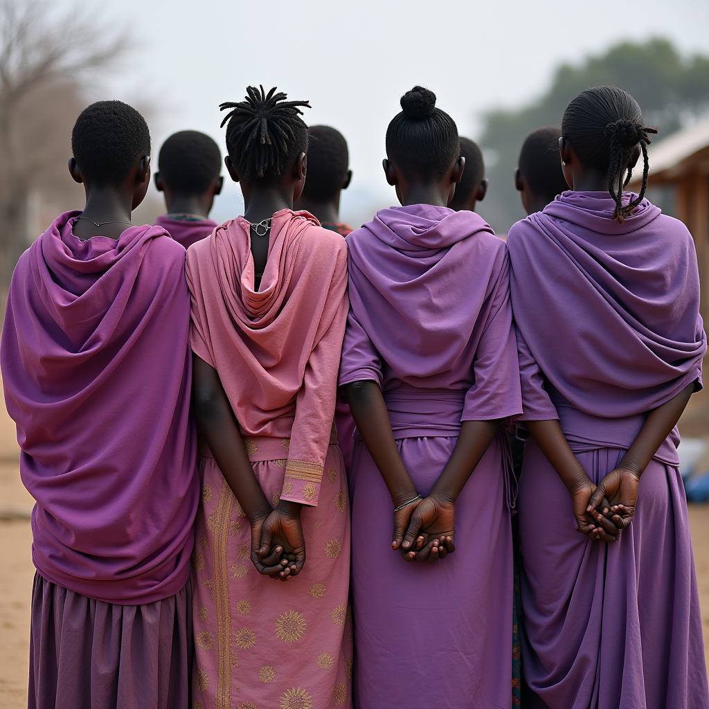 A group of people standing together, wearing coordinated purple garments.