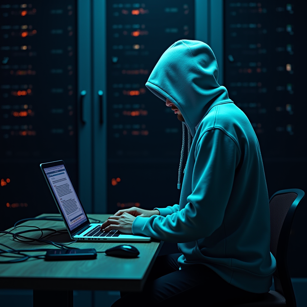 A person in a hoodie is typing on a laptop in a dimly lit room with glowing screens.