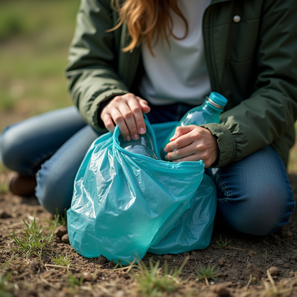 A person collecting plastic bottles from the ground into a blue bag, emphasizing environmental cleanup efforts.