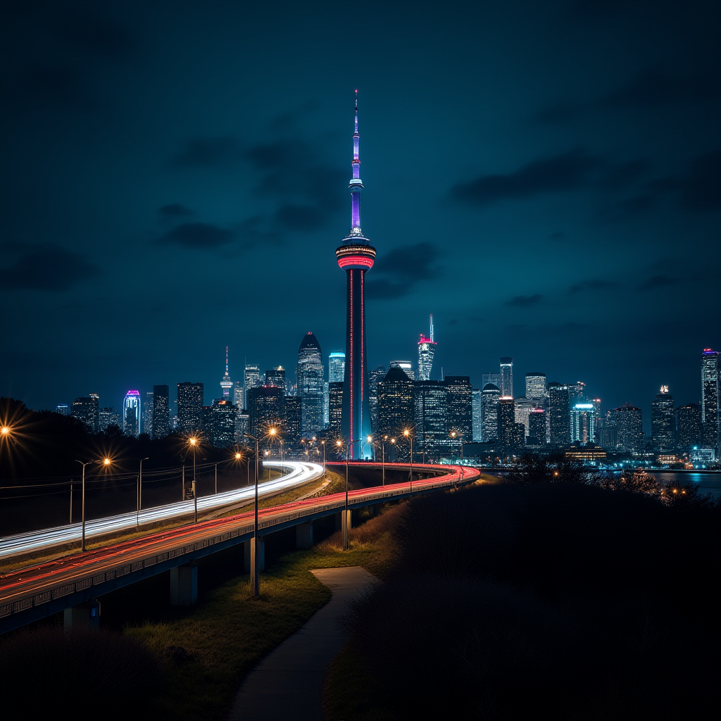 A vibrant cityscape at night featuring a brightly lit skyline and a distinctive tall tower with LED lights against a partly cloudy sky.