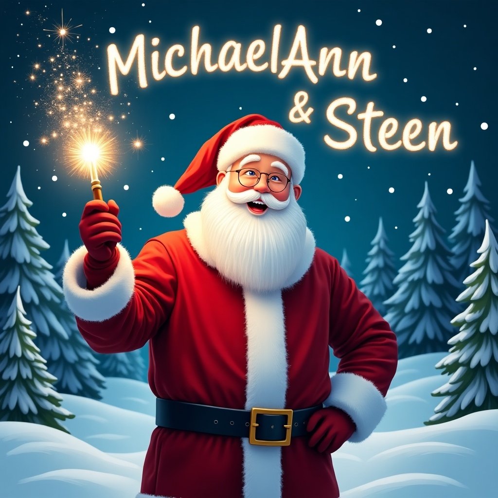 A jolly Santa Claus stands in a beautiful snowy landscape, holding a magical wand that emits sparkling lights. He is dressed in a classic red and white suit, with twinkling eyes that reflect joy and excitement. Behind him, evergreen trees create a winter wonderland under a starry sky. Santa appears to be writing the names 'MichaelAnn & Steen' in the sky with his wand, casting a glowing shimmer. The overall atmosphere is festive and enchanting, capturing the spirit of the holiday season.