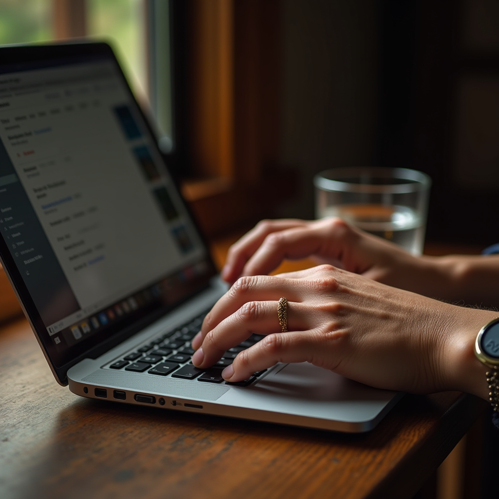 Close-up of hands typing on a laptop near a window with a glass of water nearby.