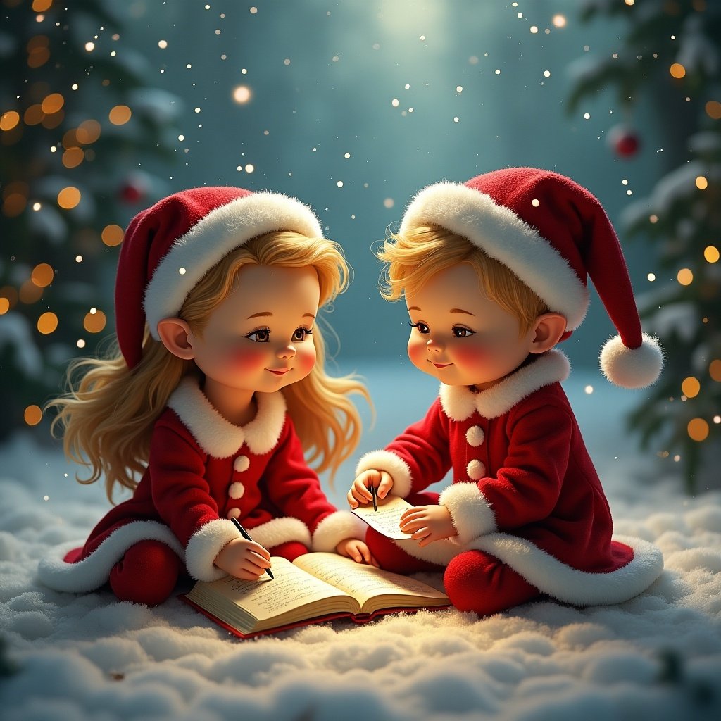 The image depicts two adorable children in festive red Santa outfits, sitting on a snowy ground. They are deeply engrossed in writing in a book, with an elf playfully hovering nearby. Soft snow falls around them, creating a magical atmosphere. The scene is illuminated by warm, twinkling lights in the background, enhancing the holiday spirit. The children's expressions convey joy and excitement as they engage in a whimsical moment of holiday creativity.