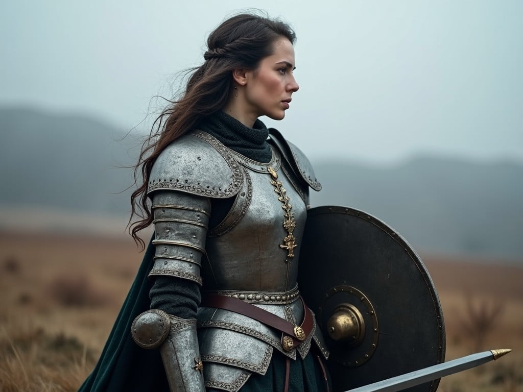 A portrait of a female warrior stands proudly in a vast and misty landscape. She wears detailed medieval armor that glints softly in the ambient light. Her long hair flows down, framing her determined face, while she holds a shield and a sword at her side. The color palette consists of silvers and dark greens, enhancing the sense of adventure. The atmosphere is somber yet empowering, evoking feelings of strength and resilience.