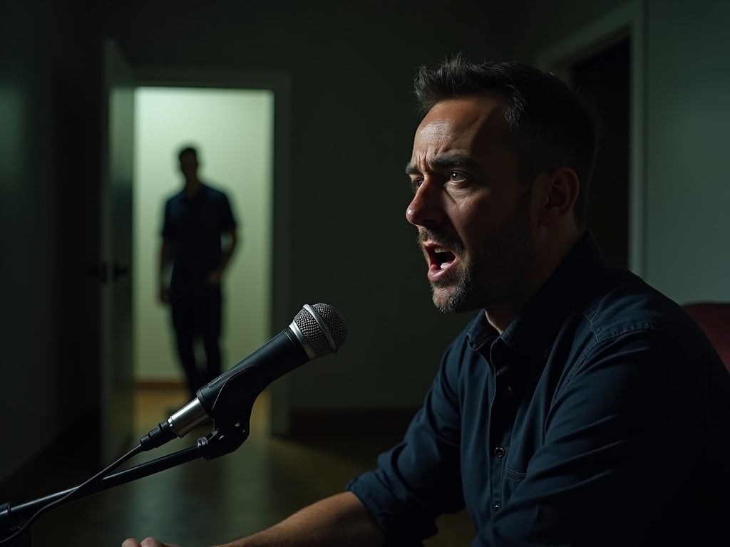 A man is sitting in a semi-dark room with a microphone, looking tense and engaged while speaking. His expression conveys a sense of urgency and concern, emphasizing the seriousness of his discussion. In the background, a shadowy figure stands in a doorway, creating suspense. The dim lighting enhances the atmosphere, accentuating the man's facial expressions and the ominous presence behind him. This scene evokes feelings of anxiety and curiosity, suggesting a deeper story at play.