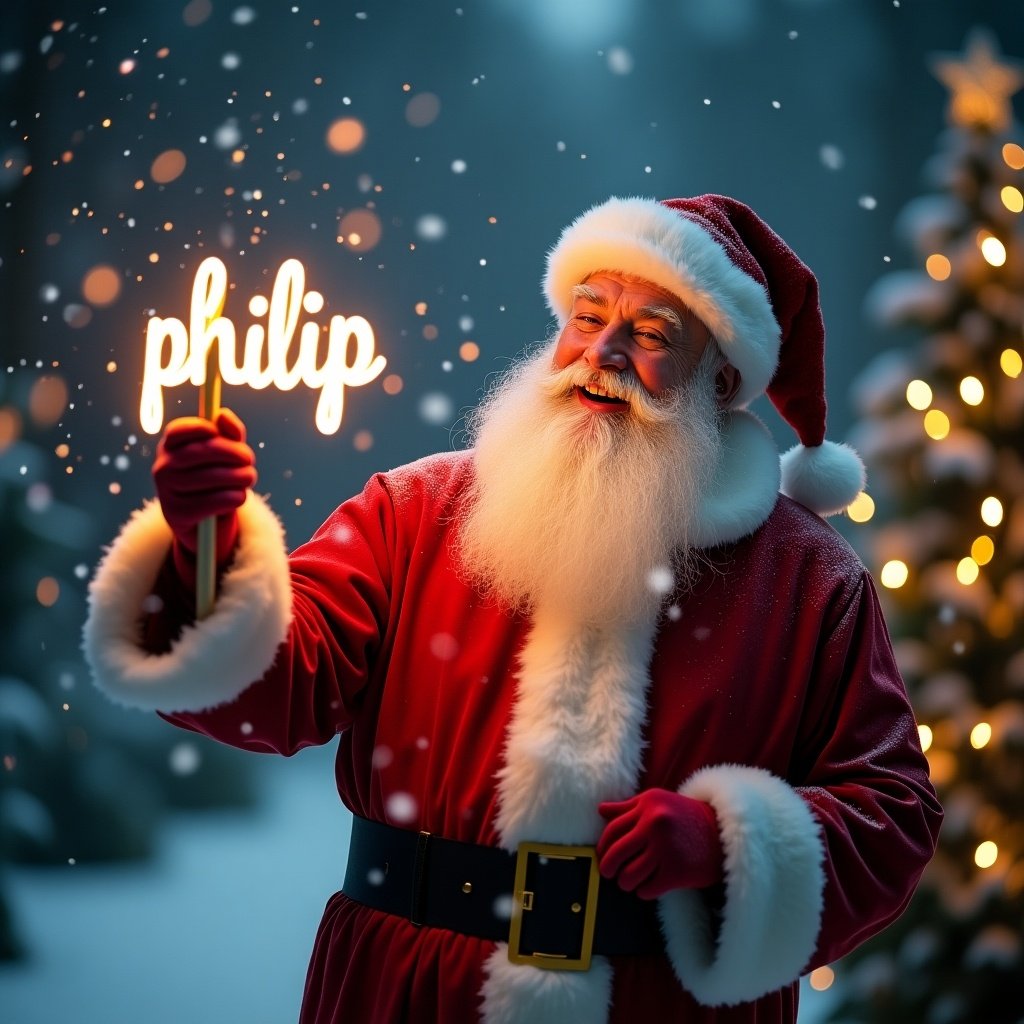 The image depicts a jolly Santa Claus celebrating Christmas night. He wears a traditional red suit and white fur trim, surrounded by softly falling snow. Santa joyfully holds a glowing stick that lights up the word 'philip'. The background features twinkling fairy lights and illuminated Christmas trees, creating a magical atmosphere. This scene evokes warmth and festive cheer, perfect for capturing family celebrations during the holiday season.