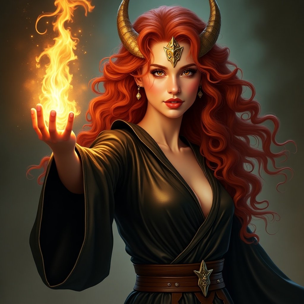 A captivating portrait of a stunning sorceress. She has long, dark red hair and vibrant amber eyes. Raising her arm with fingers spread, she conjures a magical flame that dances in her hand. The flame reflects an otherworldly light, highlighting her golden dragon-like scales. Dressed in a fitted black leather robe, she exudes both power and mystery. The sorceress's confident gaze enhances her presence, embodying a unique blend of warrior and spellcaster.