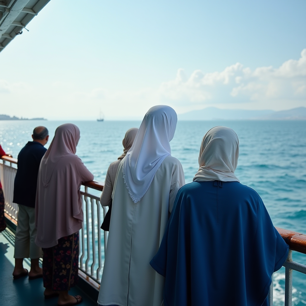 A group of people enjoy the view from a boat deck on a sunny day, gazing at the blue ocean and distant mountains.