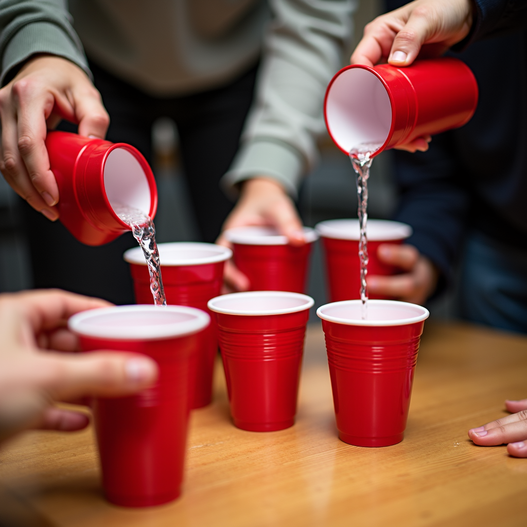 Hands pour drinks into red cups during a gathering.