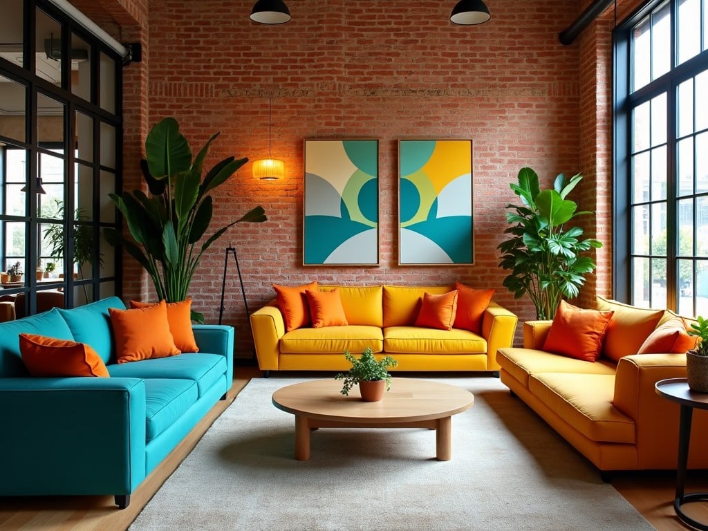 This image showcases a modern living room designed with vibrant colors and comfortable furnishings. The space features teal and yellow sofas adorned with bold orange pillows, creating a lively atmosphere. Large windows invite abundant natural light, accentuating the brick walls and enhancing the inviting feel. Various indoor plants enrich the decor, adding a touch of nature. Above the sofas, colorful artwork provides character and artistic appeal to the overall design. This stylish room serves as an ideal inspiration for anyone looking to enhance their home decor.