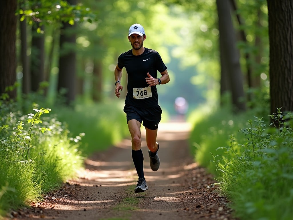 a man running on a nature trail in a forest, wearing black sportswear, sunlit path, surrounded by green foliage, athletic and healthy lifestyle