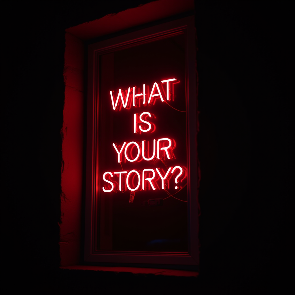 A vibrant red neon sign asking "What is your story?" set against a dark background.