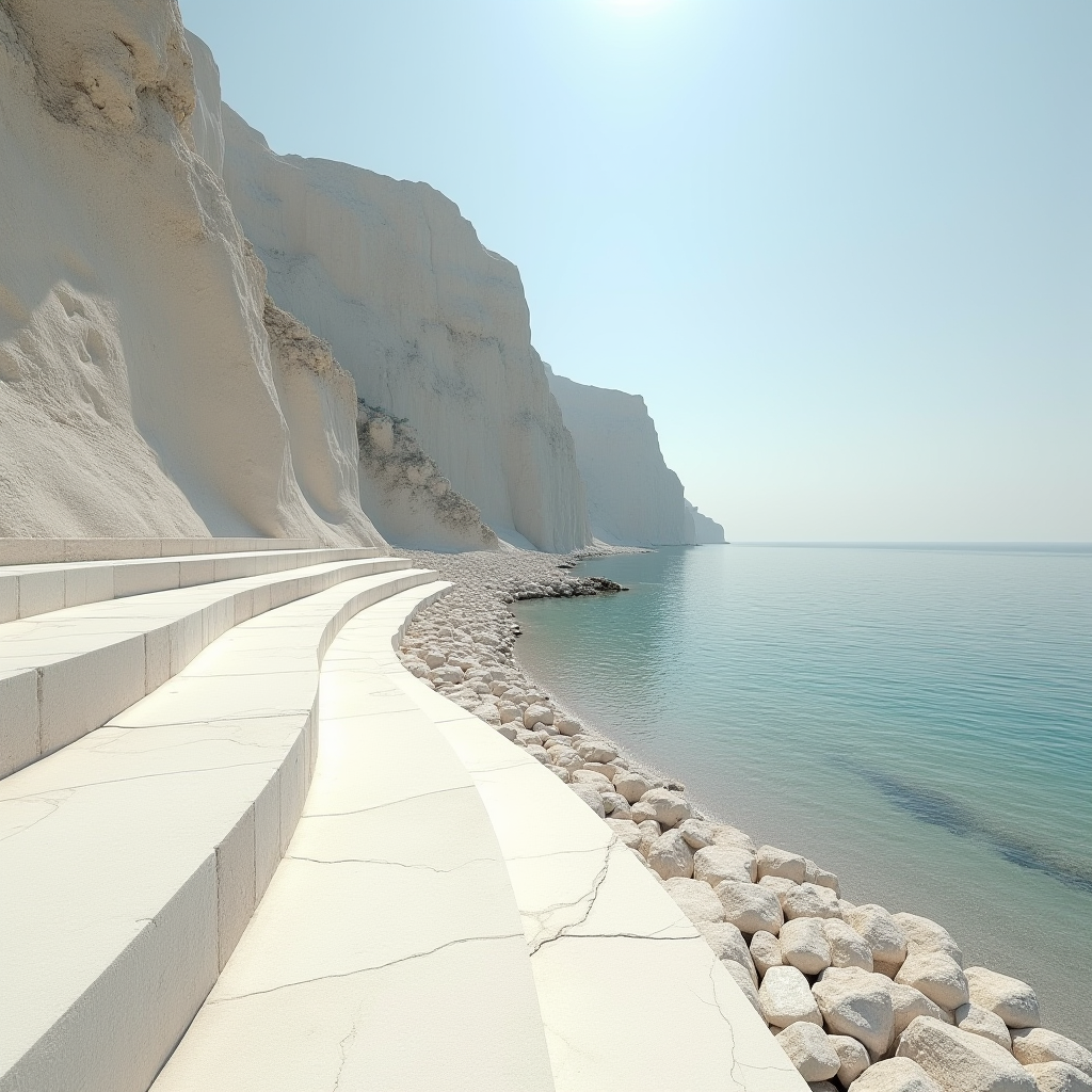 A serene coastal scene featuring terraced white stone steps leading to a calm, turquoise sea, flanked by towering chalk-like cliffs.