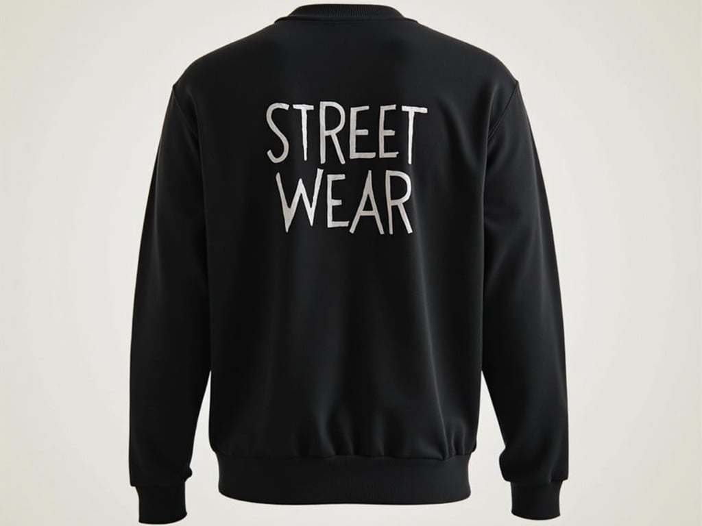 This image showcases a stylish black jumper designed for streetwear enthusiasts. The focal point is the bold text 'STREET WEAR' prominently displayed on the back. The jumper features a clean and modern design ideal for casual outings. The soft, black fabric gives it a trendy look, perfect for urban environments. This garment is suitable for fashion-forward individuals looking to express their style through casual wear.