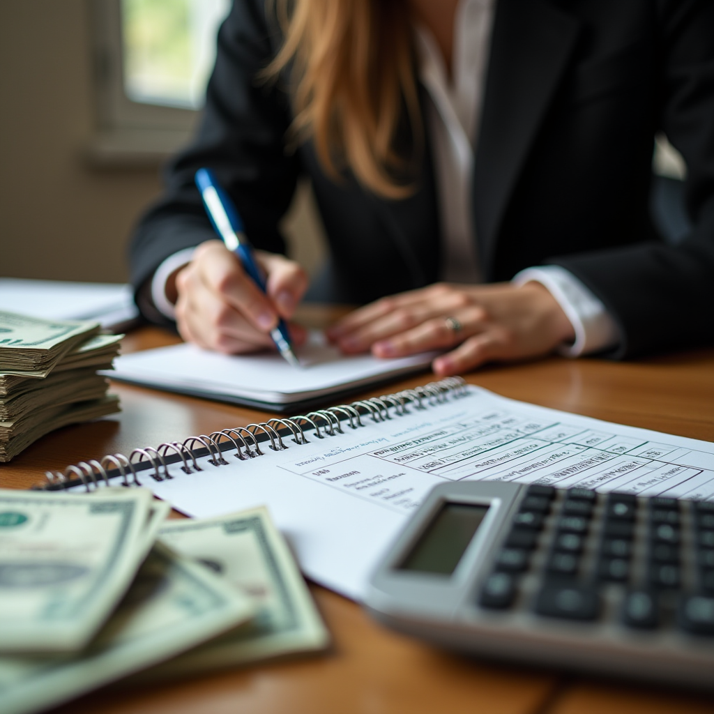 A person in a suit is writing in a notebook atop a desk filled with cash, documents, and a calculator.