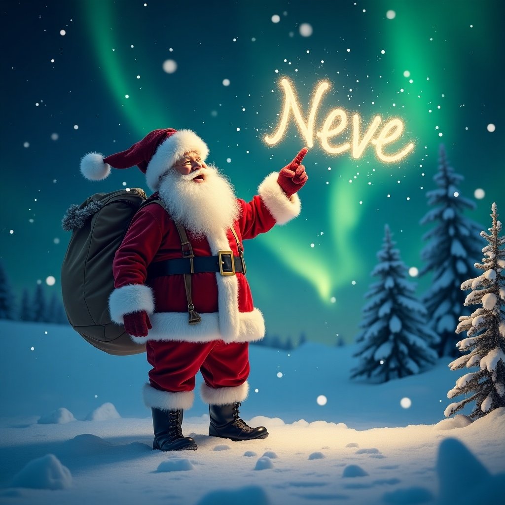 This image captures a magical winter scene featuring Santa Claus in his classic red suit. He joyfully points upward as he appears to write the word 'Neve' in the sky with a sparkling wand. Soft snowflakes are falling around him, enhancing the festive atmosphere. The enchanting northern lights create a stunning backdrop in the night sky, adding charm to the scene. This portrayal embodies the true spirit of Christmas and the joy that comes with the holiday season.