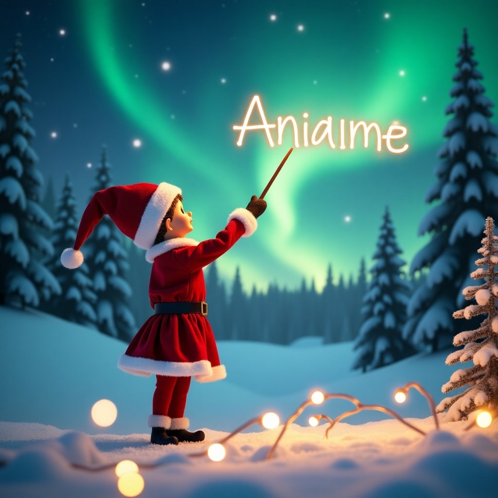 An adorable elf is clad in a traditional red and white outfit, complete with a classic hat. The elf is holding a wand and directing it towards the night sky. The scene depicts a breathtaking winter landscape filled with snow-covered trees. An enchanting display of northern lights illuminates the background in shades of green and blue. Twinkling lights in the foreground enhance the festive atmosphere, reminiscent of Christmas cheer.