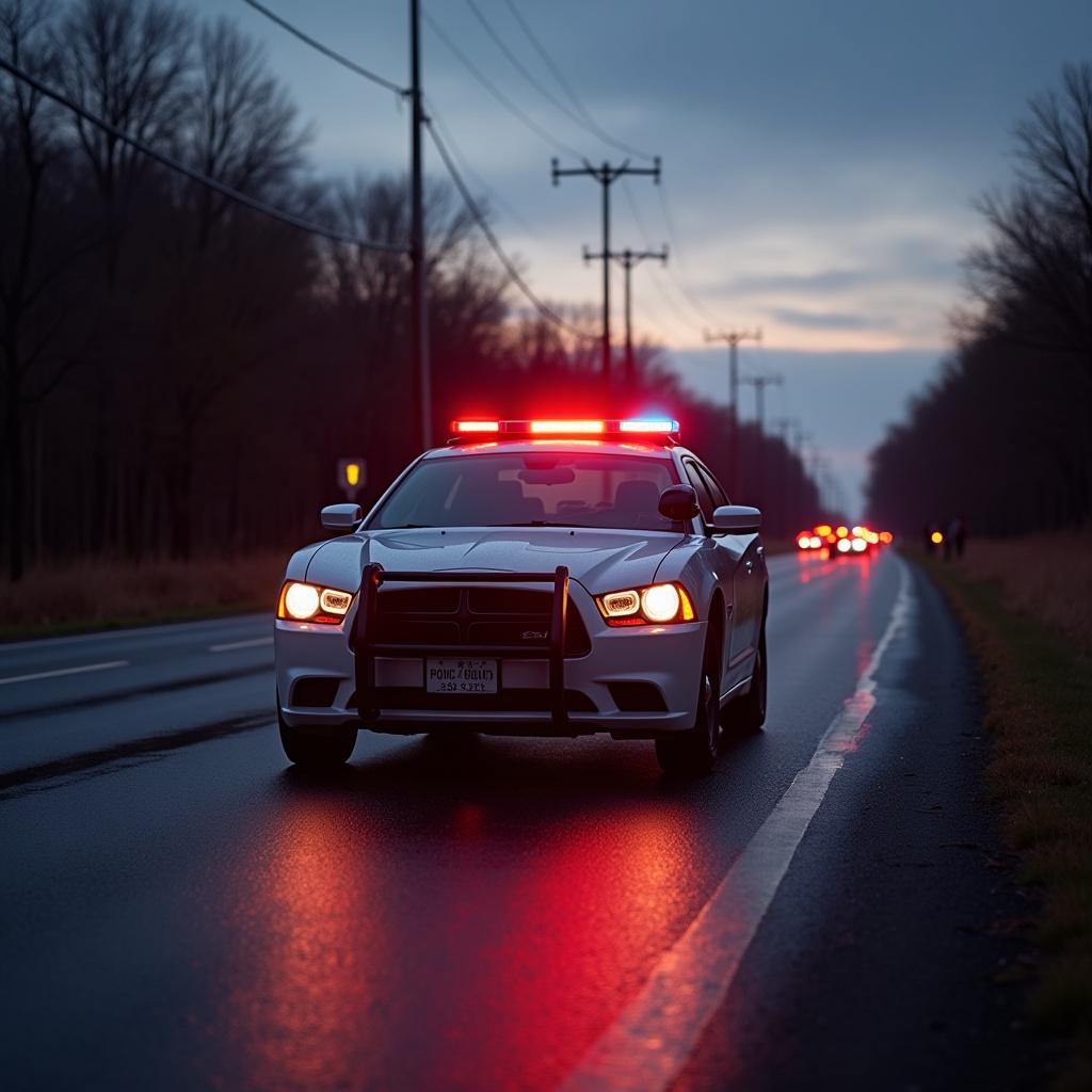 A police car is parked on a wet road during dusk. The vehicle has its flashing lights activated, illuminating the surroundings. The scene conveys a sense of urgency and vigilance. The road is reflective from the rain, adding to the moody atmosphere. Power lines and trees are visible in the background, enhancing the setting's realism.