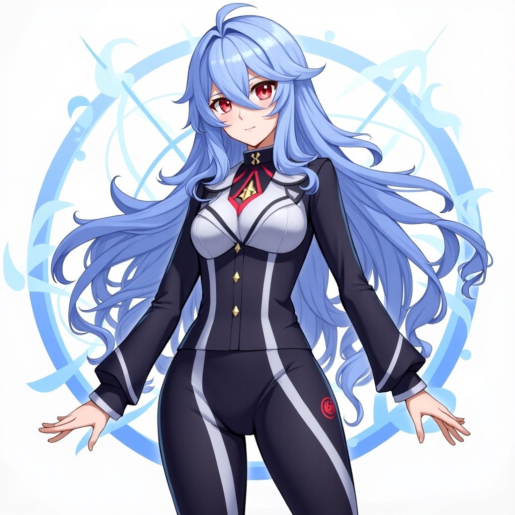 The image features a tall female character from the game Genshin Impact. She has long, wavy blue hair and striking red eyes. Her outfit is stylish and showcases her Electro vision. The background includes abstract designs that match her character's colors. The pose is confident, with her hands at her sides.