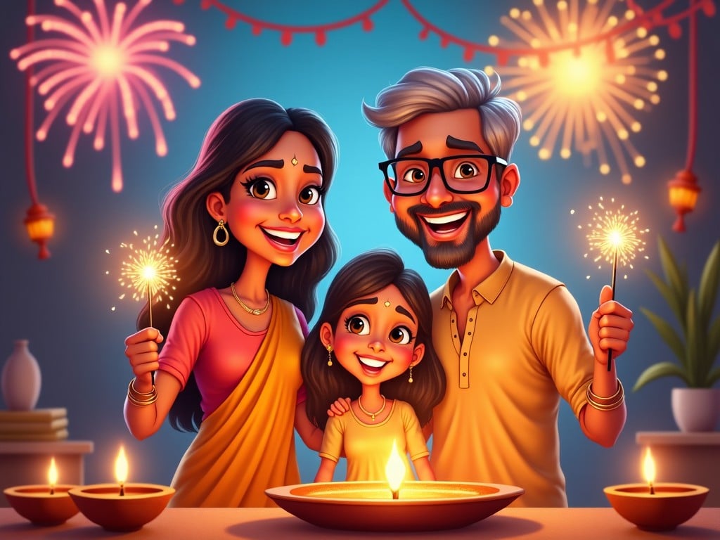 This illustration captures a joyful Diwali celebration with a caricature of a middle-aged Indian couple and their teenage daughter. The family stands close together, each holding sparklers, with wide smiles that radiate happiness. They are dressed in traditional Indian attire, enhancing the cultural aspect of the scene. In the background, colorful fireworks burst in the night sky, and diyas illuminate the festive setting. The warm lighting and bright colors create an inviting and cheerful atmosphere, highlighting the significance of family and joy during Diwali.