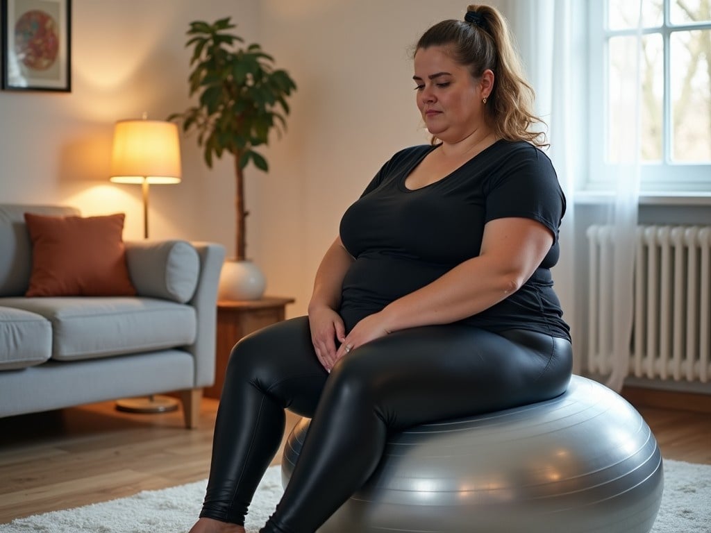 In a cozy Danish living room, a woman sits on a shiny silver yoga ball. She is dressed in tight black leather leggings and a matching shirt. The room features soft lighting from a lamp and a stylish furniture arrangement. The atmosphere is peaceful and encourages wellness. This scene highlights the importance of fitness and self-care in a modern home setting. The woman appears reflective and centered, embodying a sense of mindfulness and comfort in her surroundings.