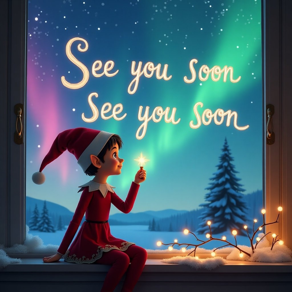 A charming scene featuring a traditional elf on the shelf with short hair, sitting by a frosted window. The elf is writing 'See you Soon' in the air, illuminated by magical northern lights in pink, blue, green, and purple. Outside, a snowy landscape can be seen, with evergreen trees under the vibrant sky. Warm light from inside reflects on the elf, enhancing the cozy feel of the image. The scene captures a whimsical holiday spirit, perfect for children and family audiences.