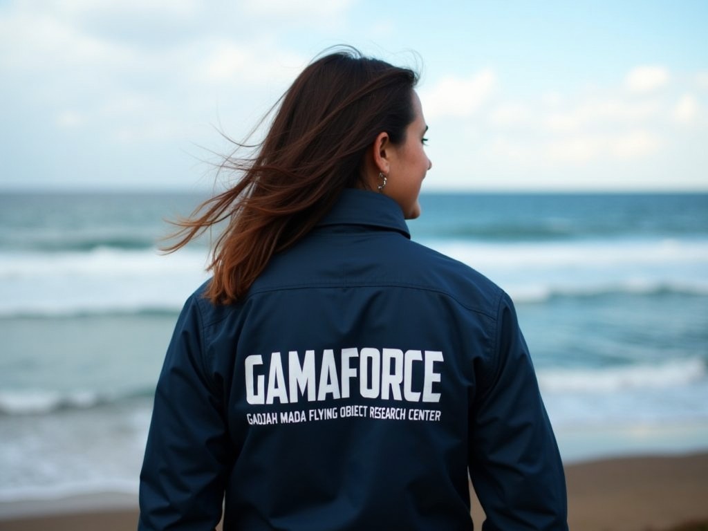 A woman standing by the ocean, wearing a blue jacket with 'GAMAFORCE' written on the back, representing the Gadjah Mada Flying Object Research Center.