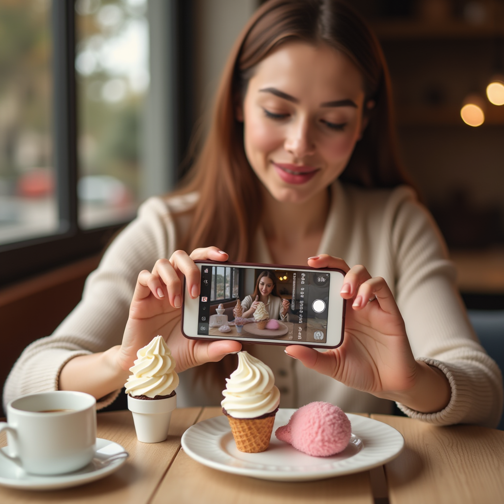 A woman photographing ice cream treats with her smartphone in a cozy cafe.