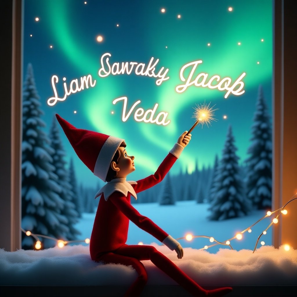 This enchanting Christmas scene showcases an elf on the shelf with his back to the viewer, gazing at the beautiful sky. Dressed in red and white, the elf wields a magical wand, writing glowing names in the air. The backdrop features vibrant northern lights illuminating the winter wonderland. Snow blankets the ground, while evergreen trees add to the festive ambiance. Above, names like 'Liam', 'Jacob', and 'Veda' are elegantly scripted in sparkling light, creating a sense of wonder and holiday joy. This whimsical image embodies the magic of Christmas perfectly.