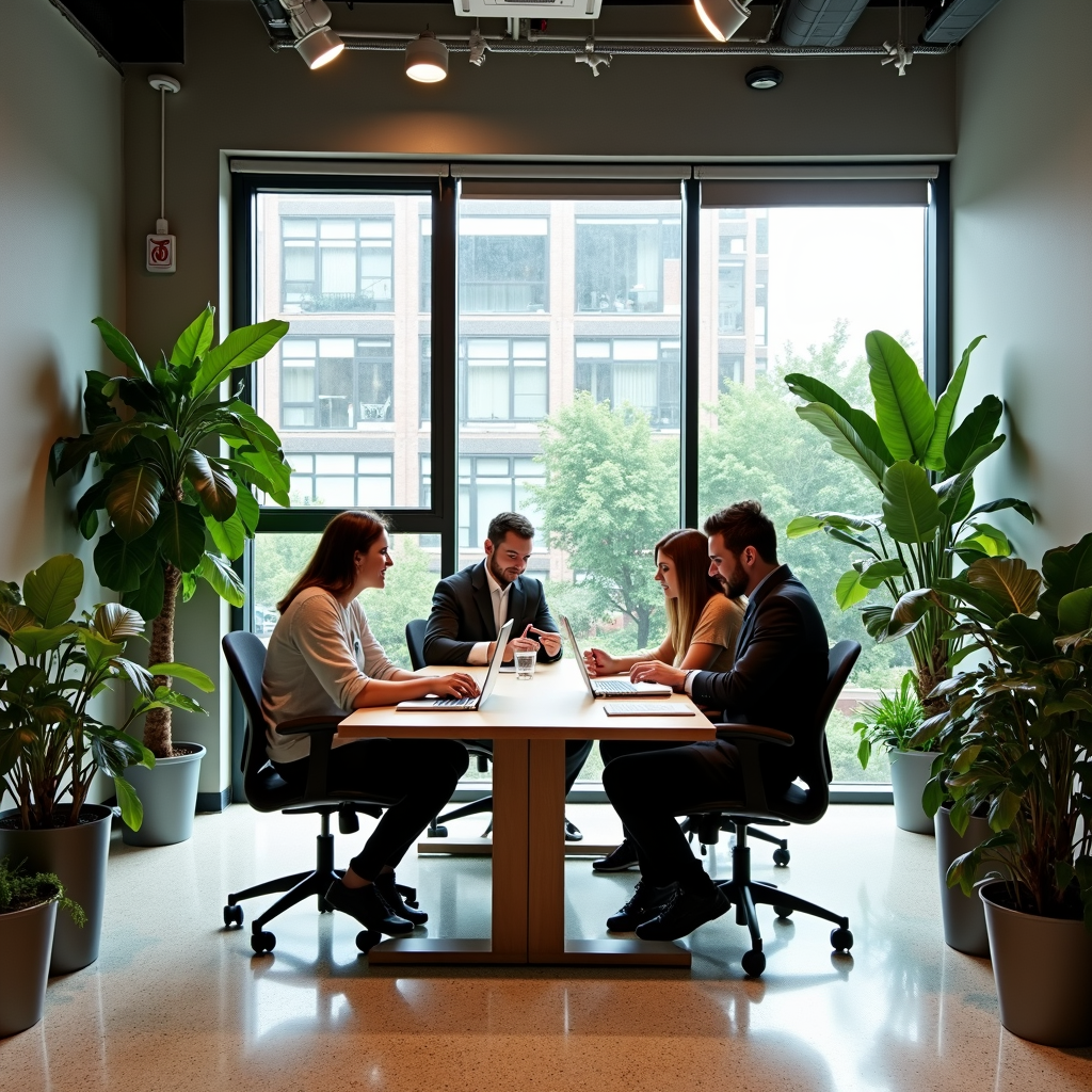 Four people engaged in a collaborative meeting in a plant-filled office with large windows.