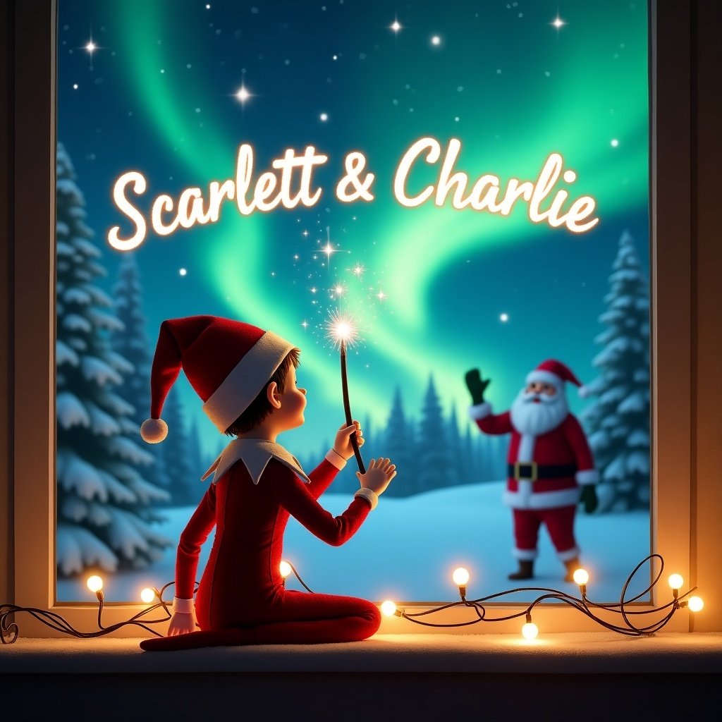 This enchanting scene features an elf on the shelf with his back turned to the viewer, joyfully using a magical wand. The elf is writing the names 'Scarlett & Charlie' in the shimmering sky above. In the backdrop, the magical Northern Lights light up the night sky, enhancing the festive atmosphere. Santa Claus is visible, waving, adding to the holiday charm. Twinkling string lights surround the elf, capturing the wonder of Christmas. This delightful image radiates joy and is perfect for children and families celebrating the season.