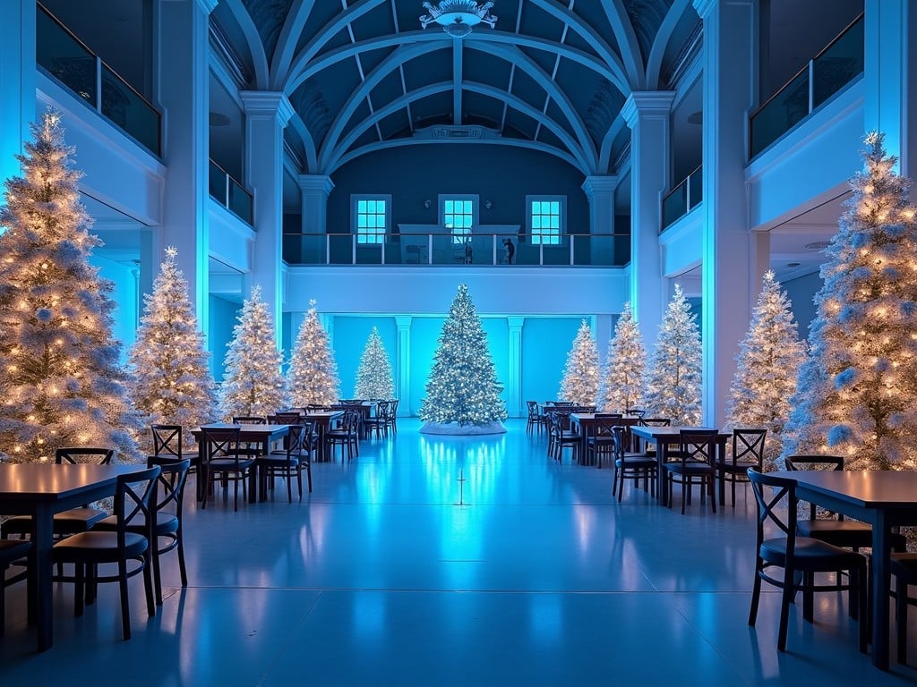 The image depicts a beautifully decorated event space for Christmas. It features multiple white Christmas trees illuminated with soft, warm lights. The central focus is a larger tree at the end of the room, surrounded by tables arranged for dining. Blue lighting creates a serene and inviting atmosphere throughout the space. The architecture of the venue adds elegance, enhancing the holiday spirit. This setting is perfect for festive gatherings and celebrations during the holiday season.