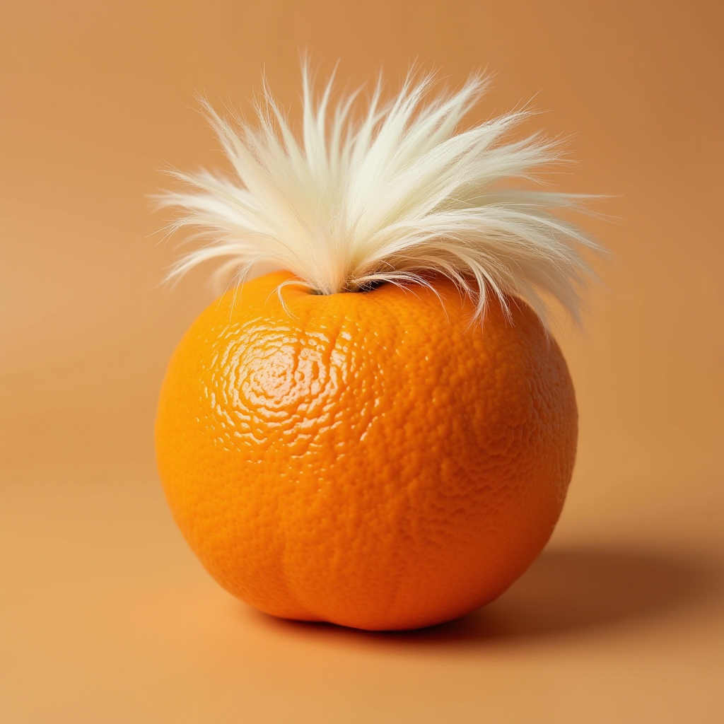 An orange with a tuft of white fur on top against an orange background.