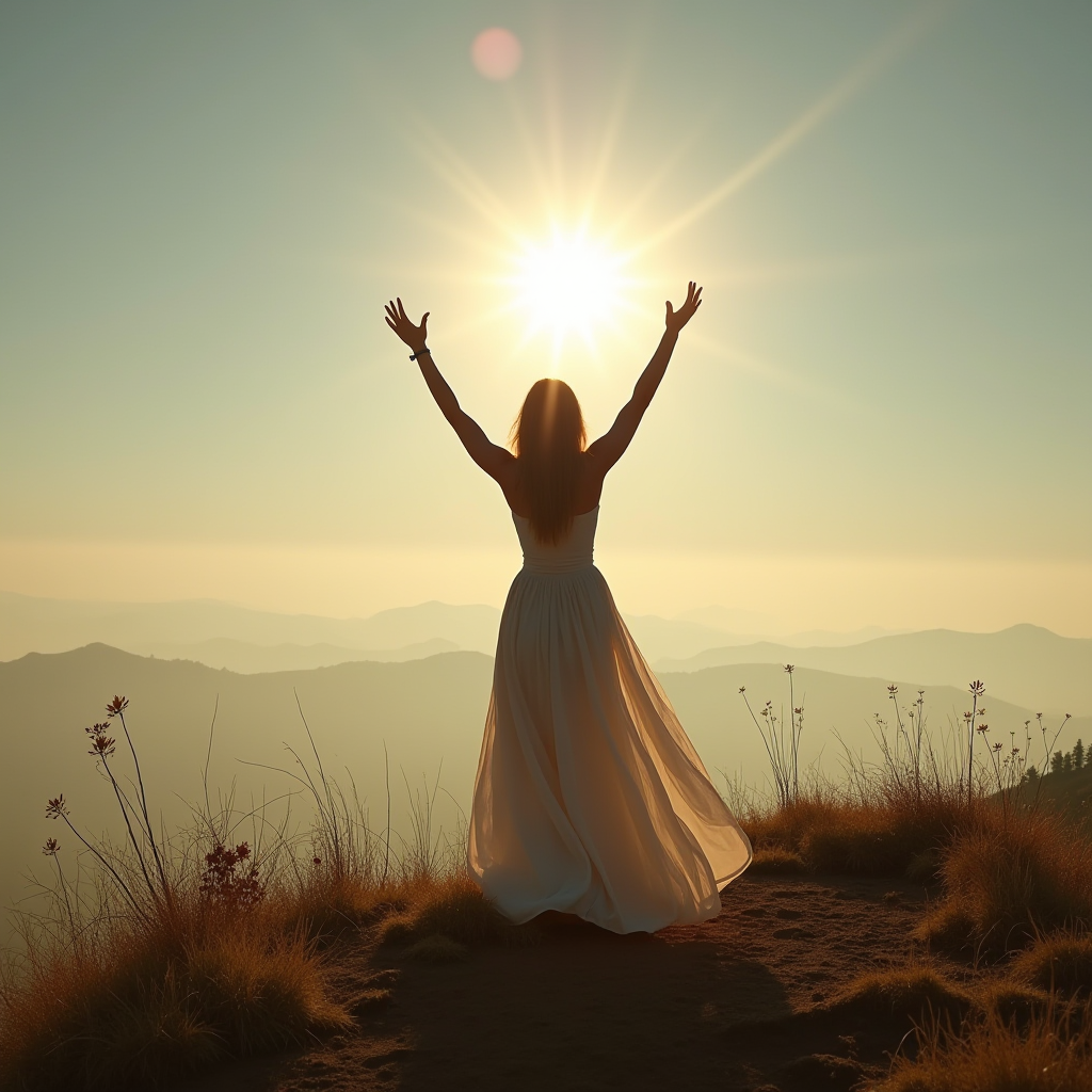 A woman in a flowing white dress joyfully raises her arms towards the bright sun, set against a backdrop of misty mountain ranges.