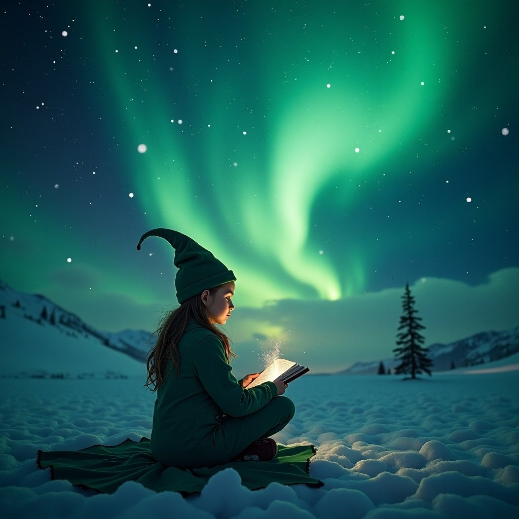 The image depicts a young girl dressed as a magical elf, sitting on a blanket in a snowy landscape. She is engrossed in reading a glowing book, illuminated by the enchanting northern lights above her. The sky is filled with vibrant green and blue auroras, creating a mystical backdrop. Surrounded by snow-covered mountains, the scene evokes a sense of wonder and whimsy. This beautifully lit, dreamlike atmosphere captures the imagination of anyone who views it.