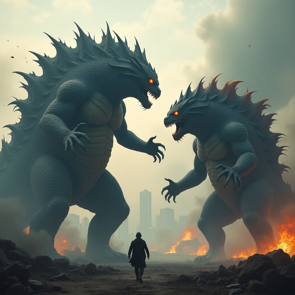 In a desolate cityscape, two monstrous kaiju stand opposite each other, ready to battle. The background is filled with smoke and fires, emphasizing the aftermath of their destruction. Each kaiju has striking features, with spiked backs and glowing eyes. A lone figure stands in the foreground, dwarfed by the giants, highlighting the scale of the conflict. This scene captures the essence of a thrilling monster movie, filled with tension and action.