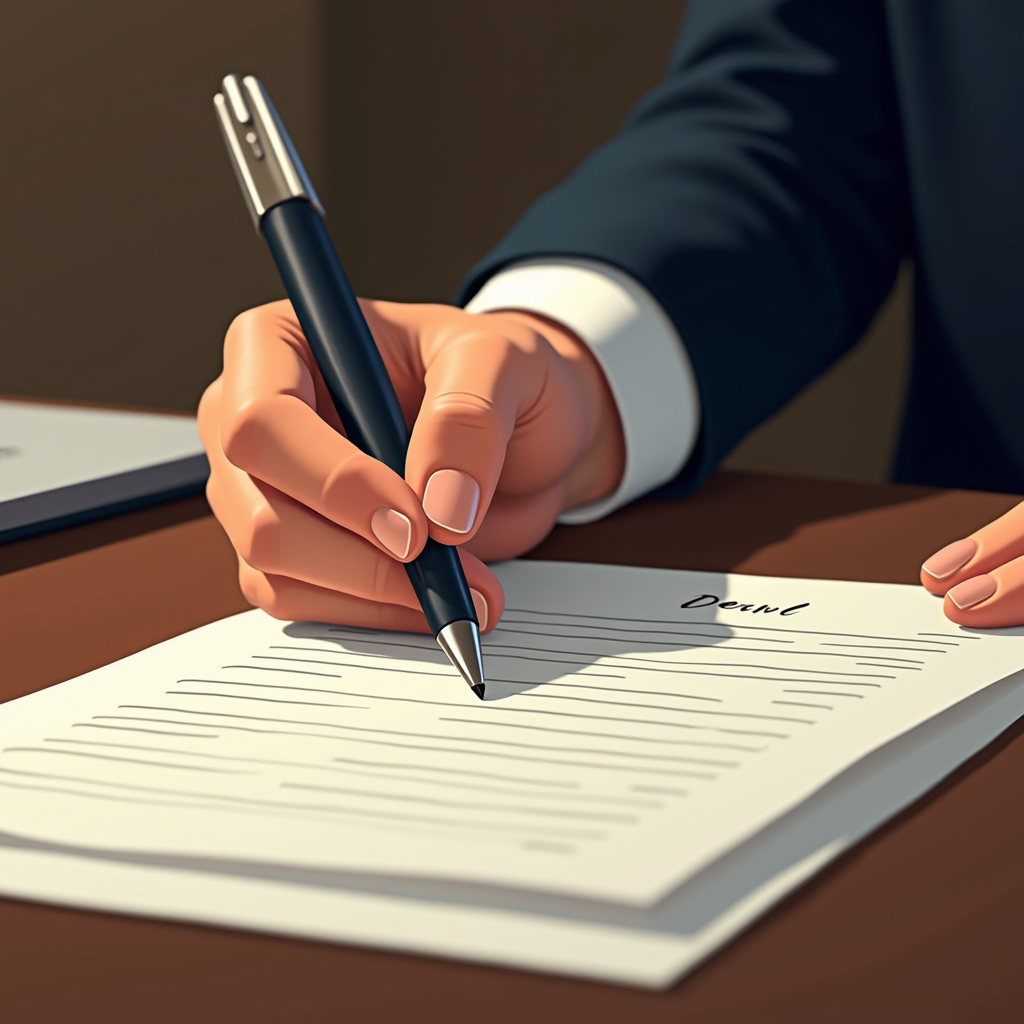 A close-up of a hand in a suit signing paperwork labeled 'Deal'.