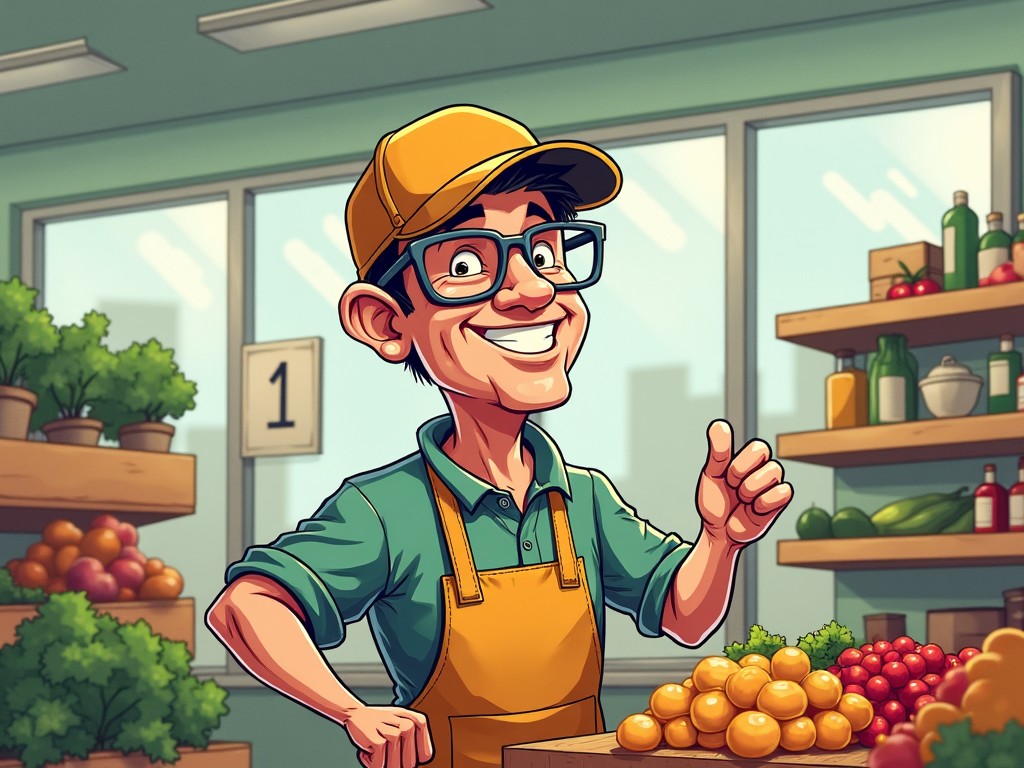 A cheerful market worker in an indoor market setting, wearing a yellow cap and apron, surrounded by fresh produce and plants, giving a thumbs-up.