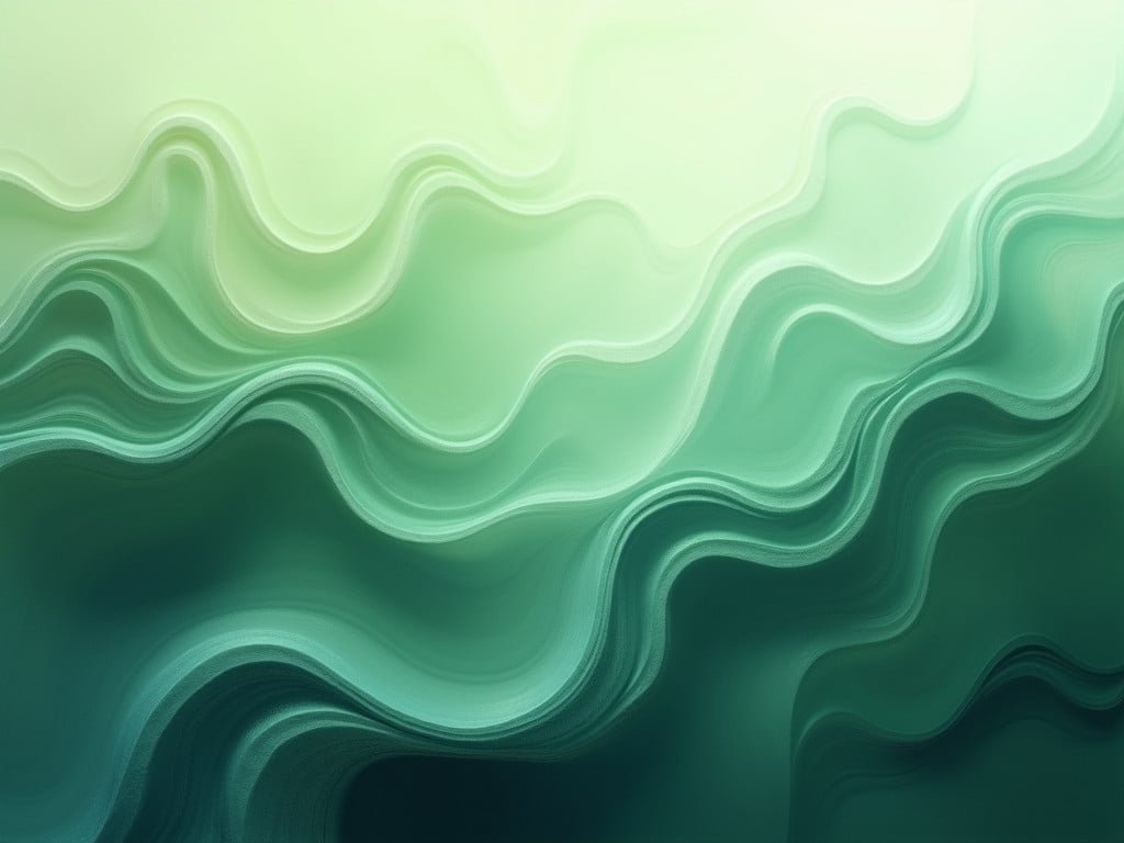 This image features an abstract representation of flowing waves, using a soothing palette of green hues. The gentle curves and soft gradients evoke a sense of tranquility, reminiscent of calm ocean waters or rolling hills in a serene landscape.