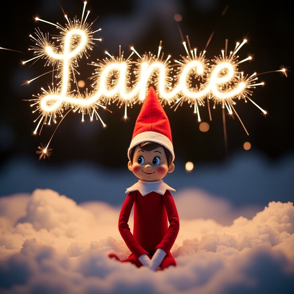 This image features the cheerful Elf on the Shelf named Lance, sitting amidst a snowy scene at night. The elf is dressed in a bright red outfit with a pointy hat, surrounded by soft, fluffy snow. Above, the name 'Lance' sparkles in the sky, crafted from glowing sparklers, creating a magical ambiance. The overall atmosphere is festive and enchanting, ideal for celebrating the holiday season. This scene captures the joy and wonder of Christmas.